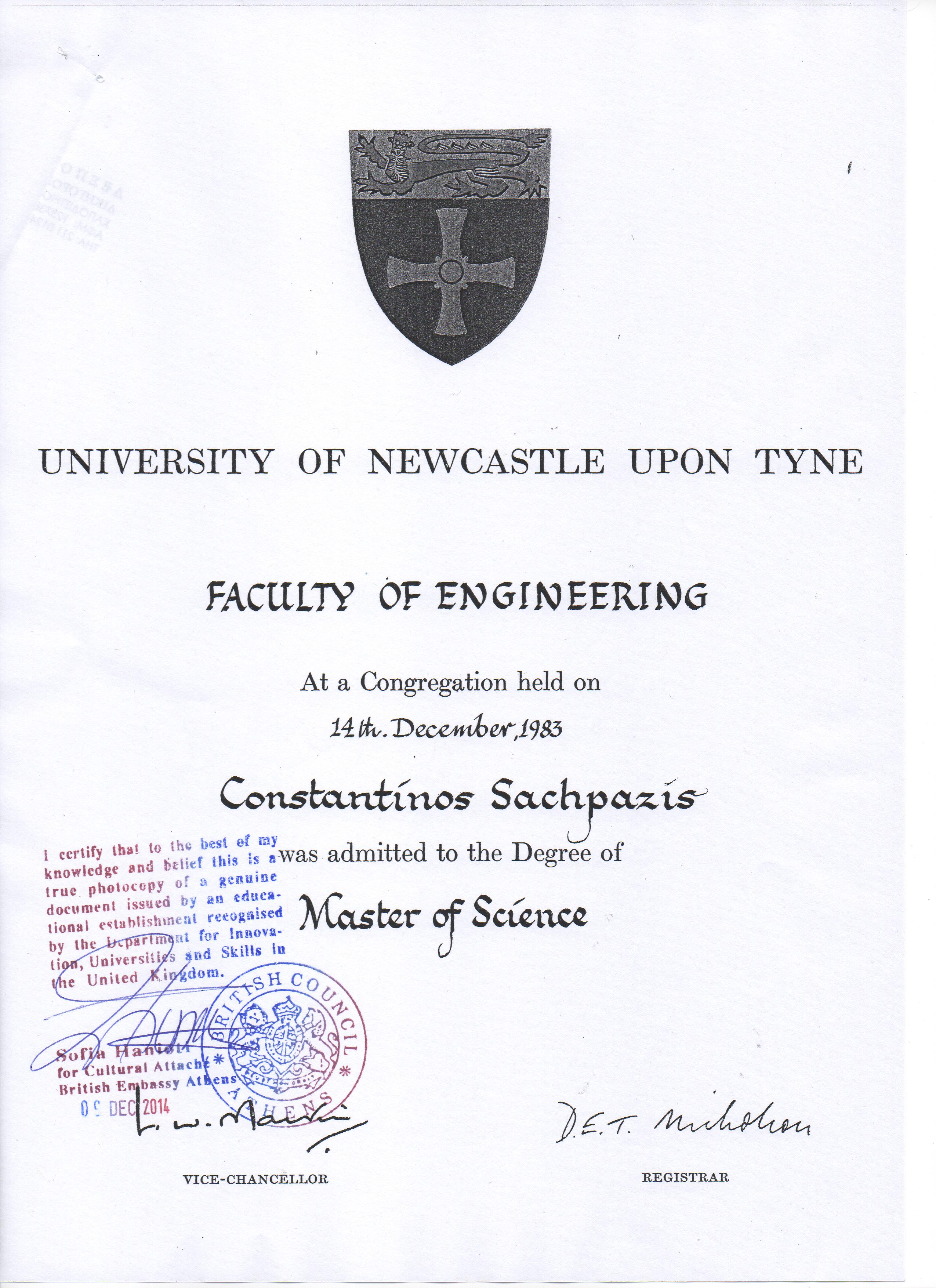 MSc(Eng) Faculty of Engineering, University of Newcastle Upon Tyne, 1983