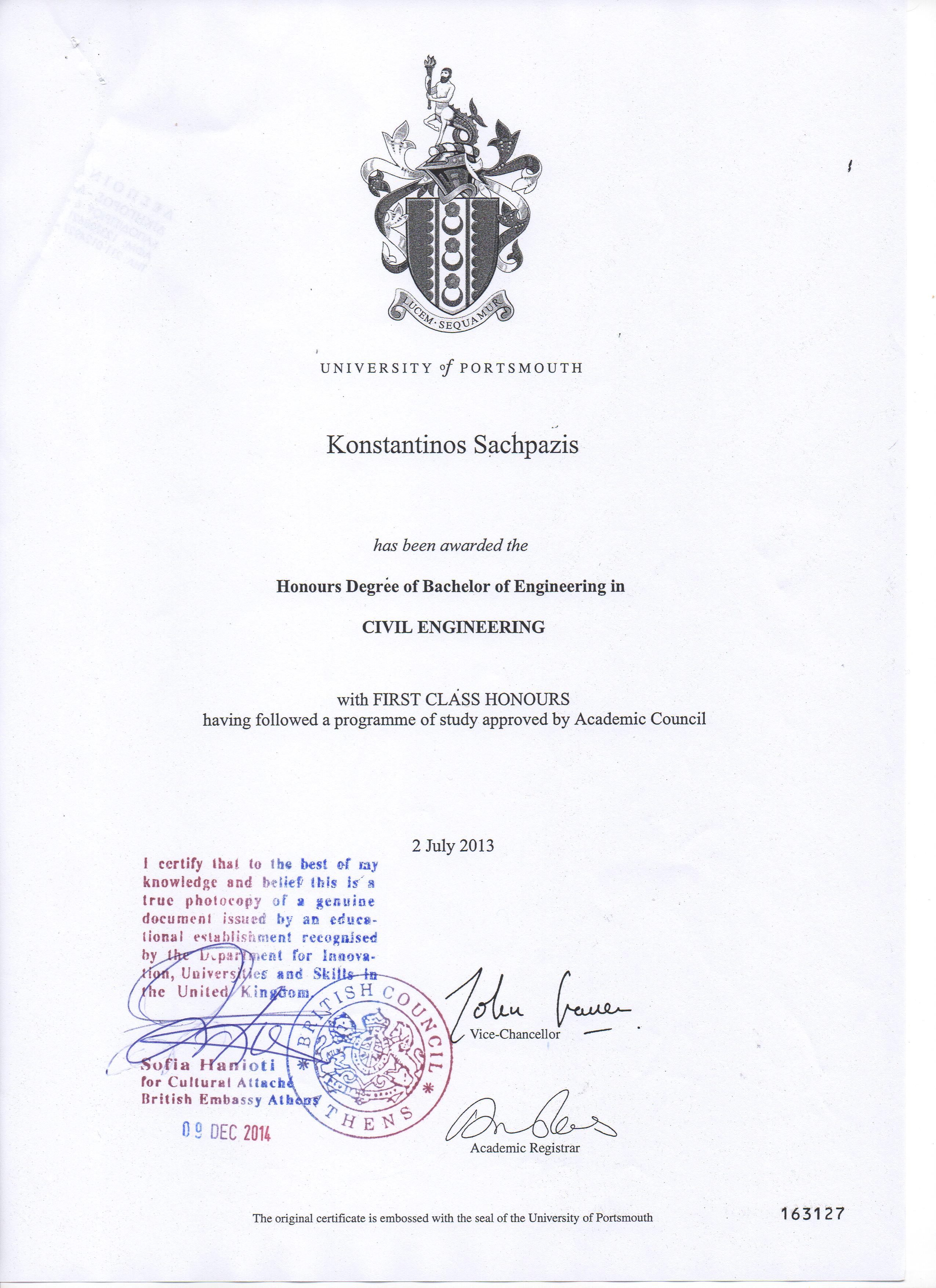 BEng Civil Engineering, University of Portsmouth, First Class Honours